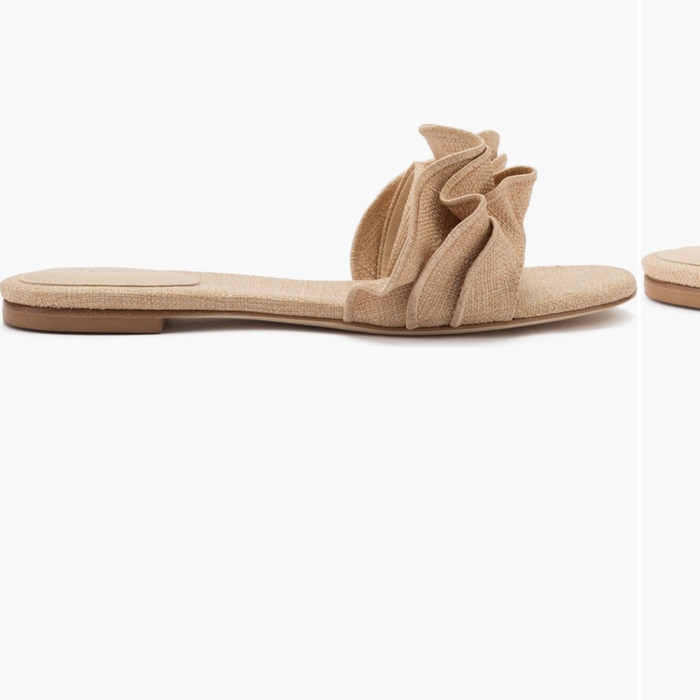 Larroude Tan Ruffle Slide Sandals- blue